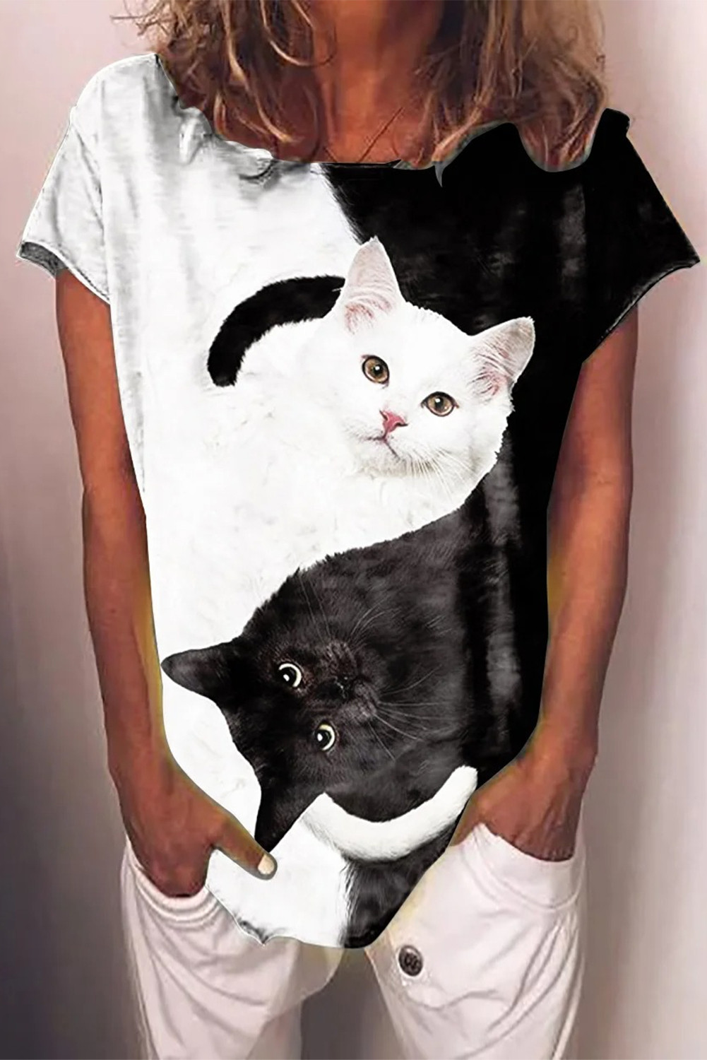 US$4.68 Black White Cats T-shirt Wholesale Online