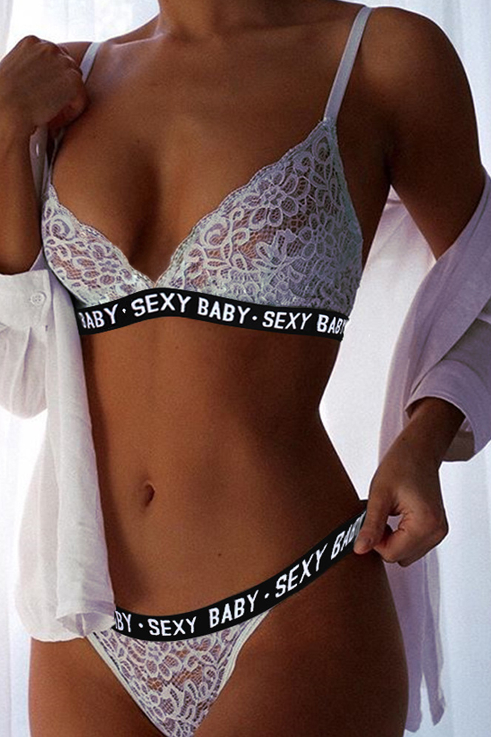 SEXY BABY Letter Print White Lace Bralette Set - (US 12-14)L