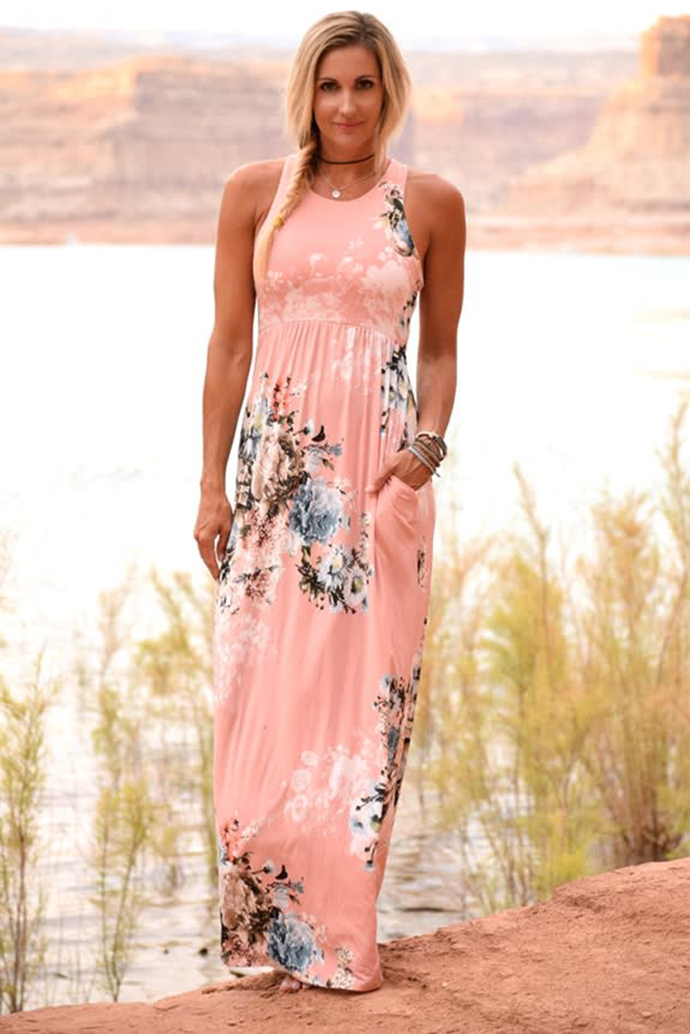 Pink Floral High Waist Maxi Dress - (US 4-6)S