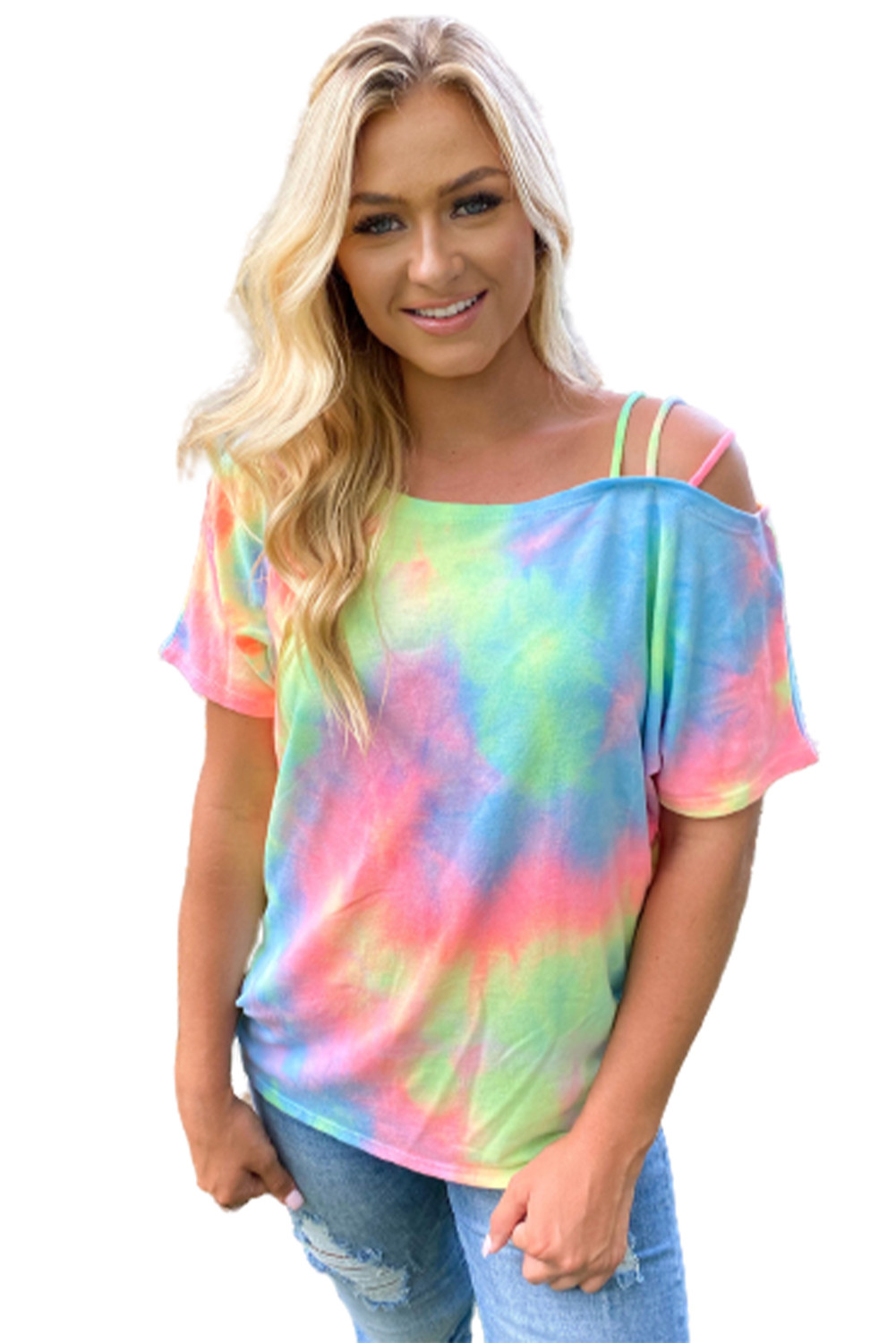 US$4.98 Asymmetric Strappy Shoulder Tie Dye Top Wholesale - www.dear ...