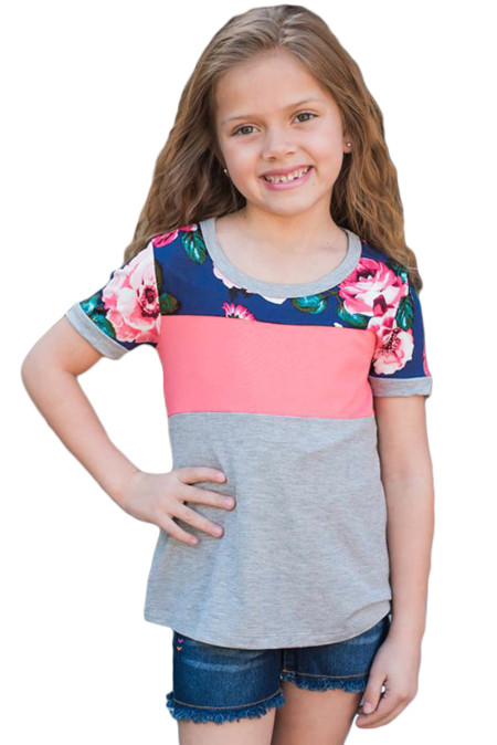 US$3.98 Pink Accent Colorblock Floral Splicing Toddler T-shirt ...