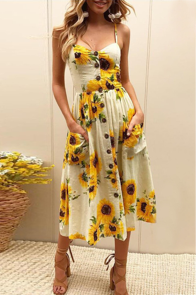 US6.4 Yellow Sunflower Cami Long Dress Wholesale Online