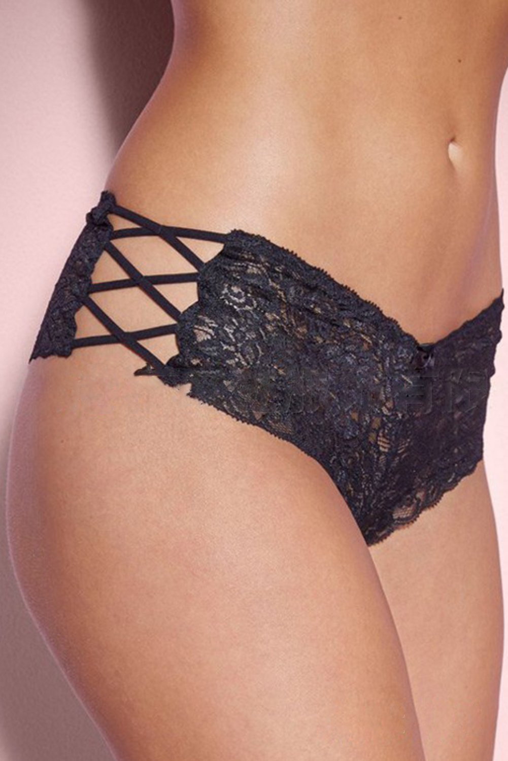 Black Crisscross Hollow-out Sides Lace Thong Panty  - (US 4-6)S