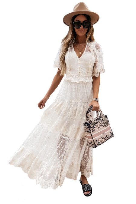 US$15.98 White Short Sleeve Tiered Lined Lace Maxi Dress Wholesale ...