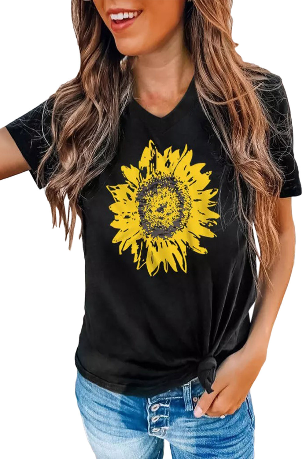 US$5.5 Sunflower V-Neck Casual T-Shirt Tee - Black Wholesale Online