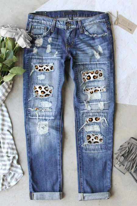 ripped jeans with leopard patches