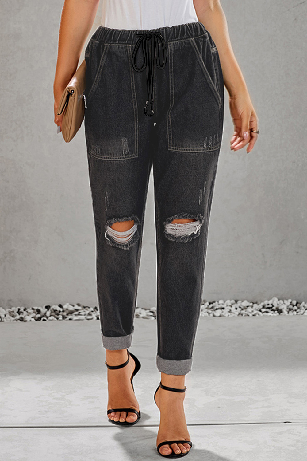 distressed pocketed denim joggers