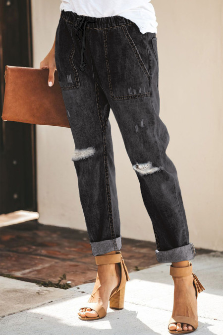 distressed pocketed denim joggers