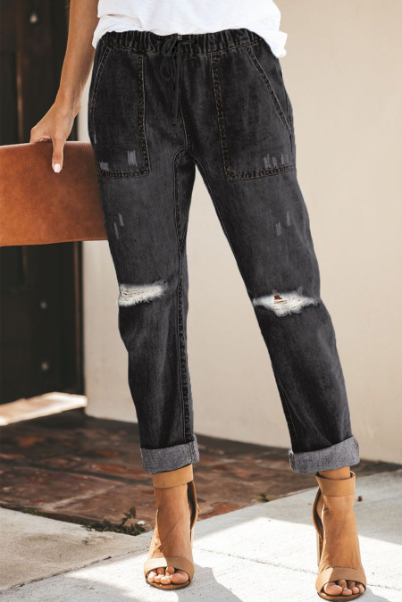 distressed pocketed denim joggers