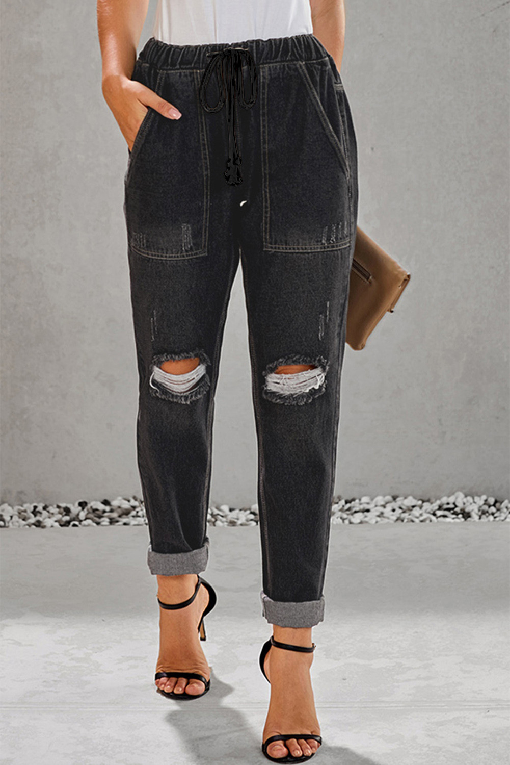 distressed pocketed denim joggers