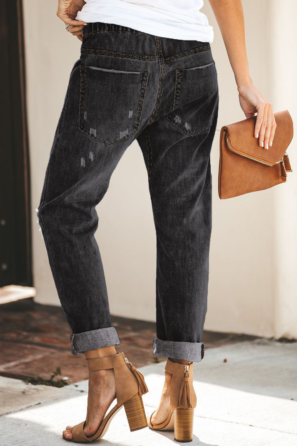 distressed pocketed denim joggers