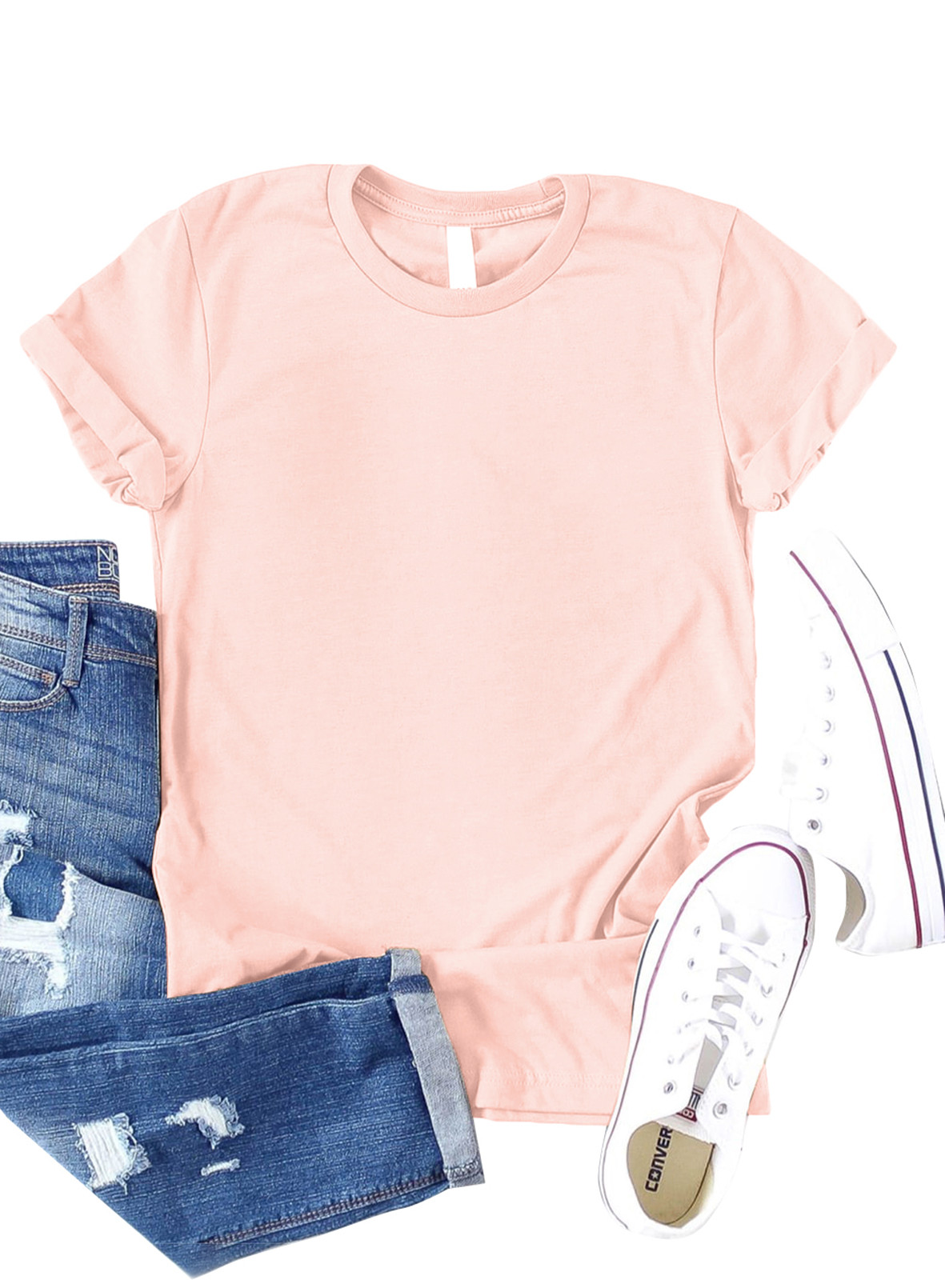 US$3.8 Pink Solid Color Crew Neck Tee Wholesale - www.dear-lover.com