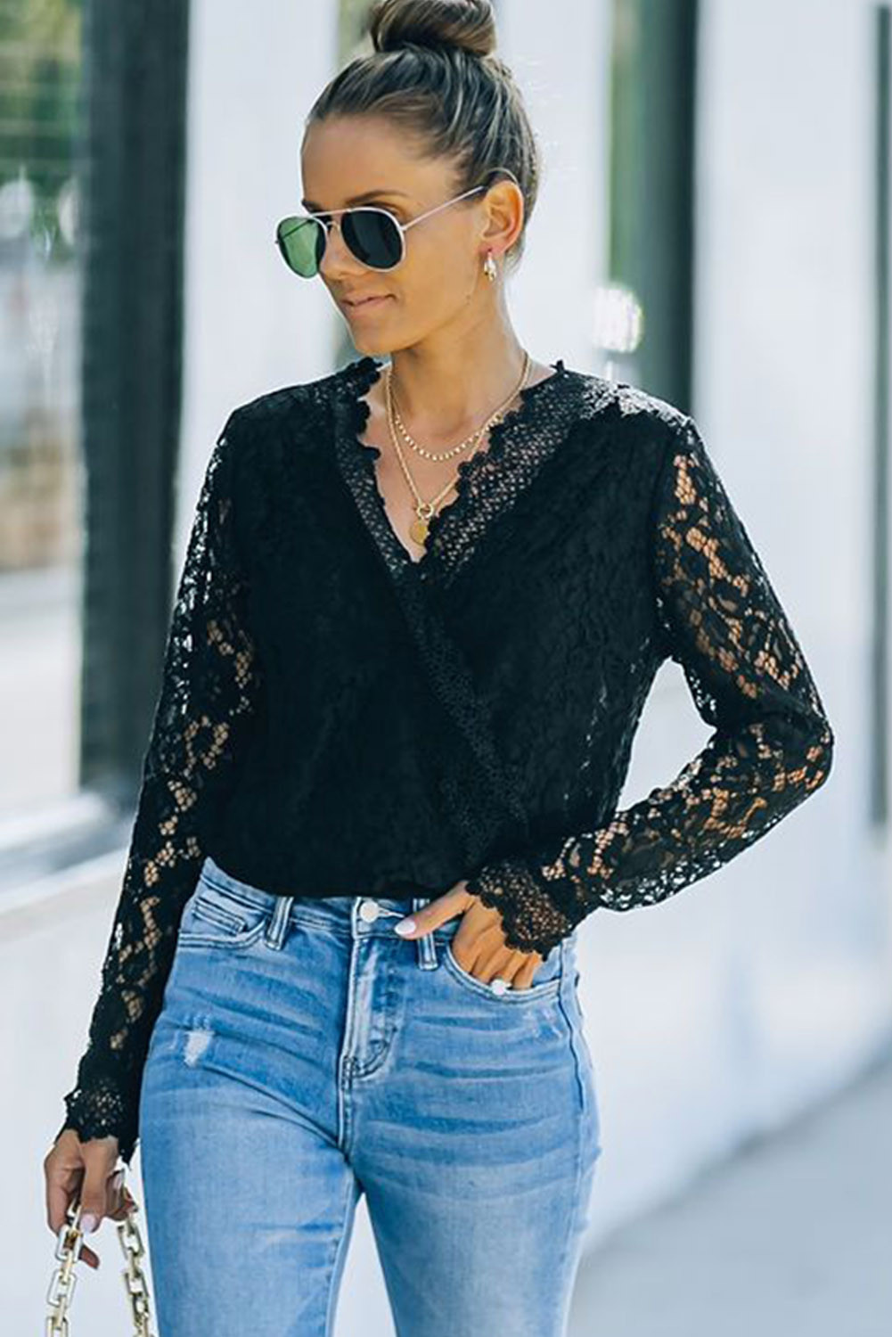 US$8.98 Black Long Sleeves Lace Shirt Wholesale Online