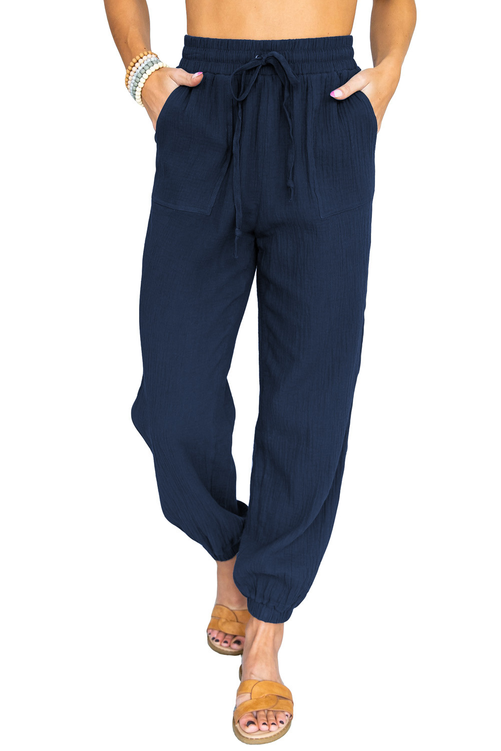 US$7.4 Blue Drawstring Elastic Waist Joggers with Pockets Wholesale - www.dear-lover.com