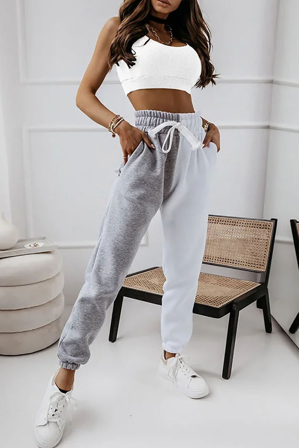US$7.98 Gray Wide Elastic Waist Colorblock Joggers with Pockets Wholesale Online