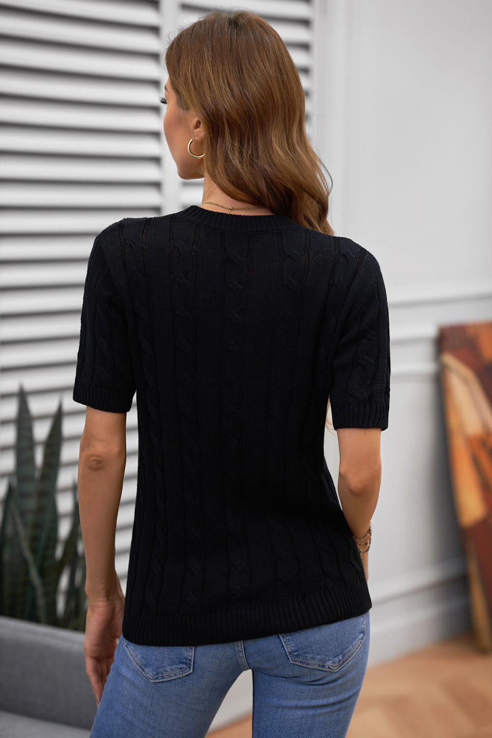 black knit short sleeve top