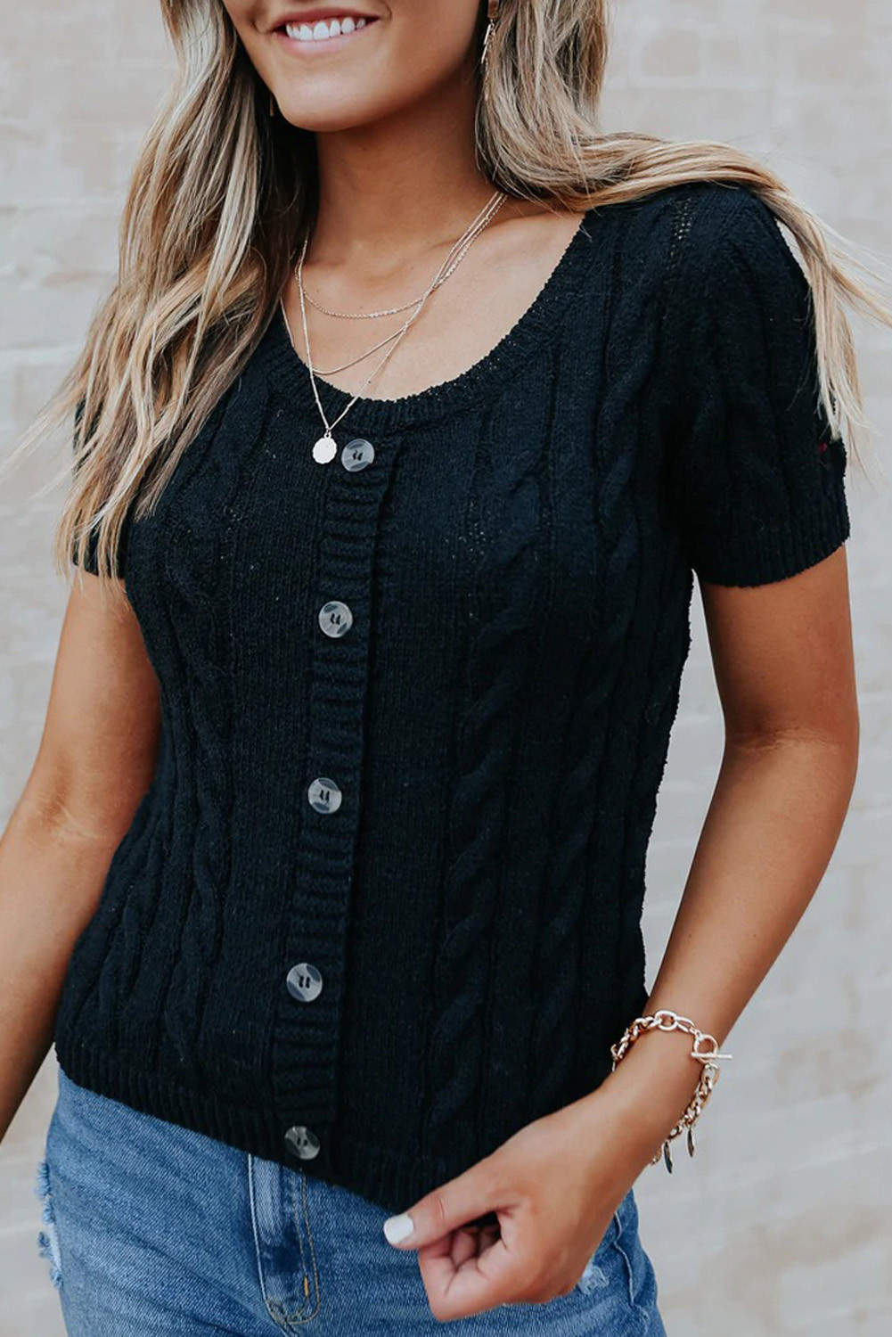 black knit short sleeve top