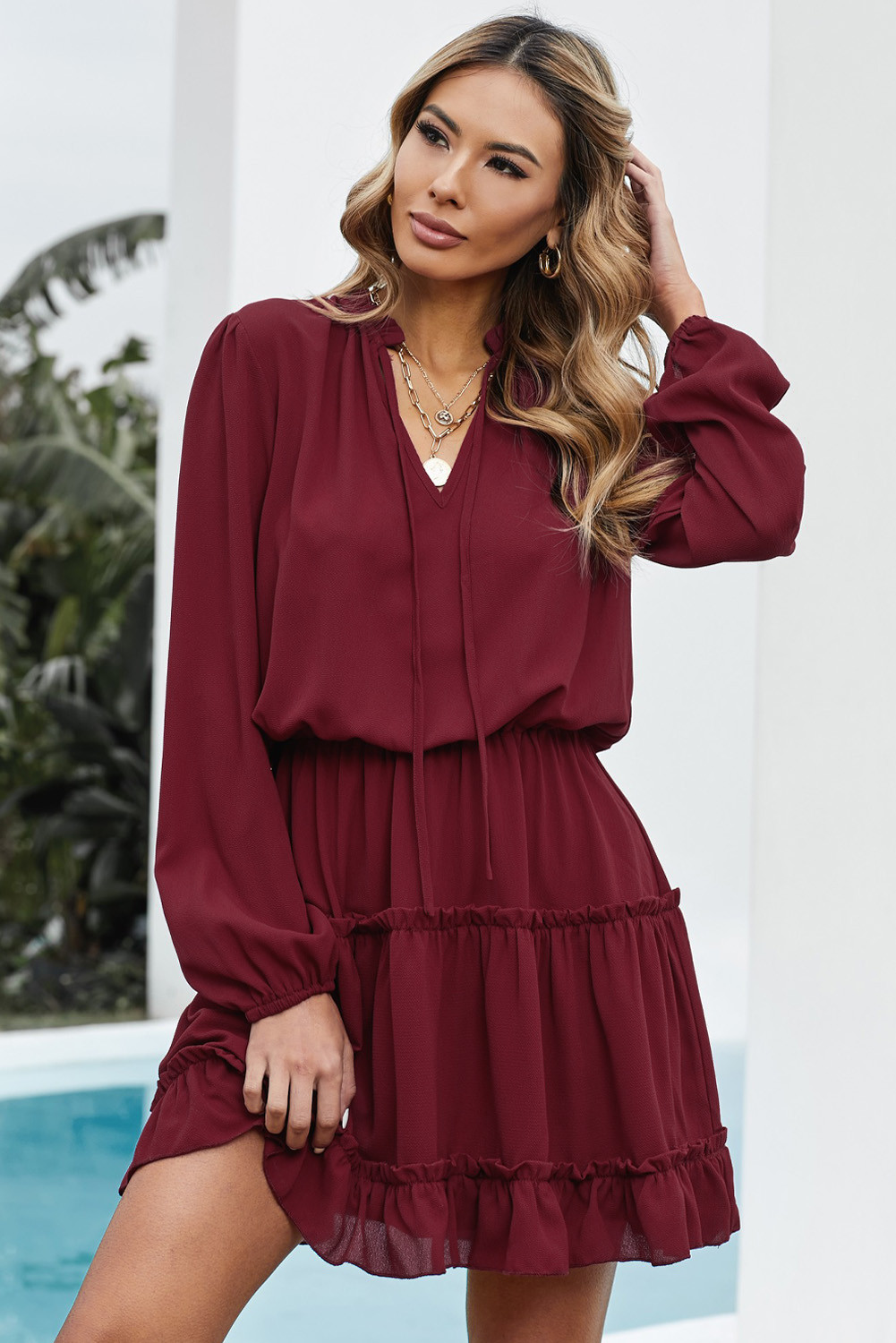 US$8.9 Wine V Neck Long Sleeve Ruffle Tiered Mini Dress Wholesale Online