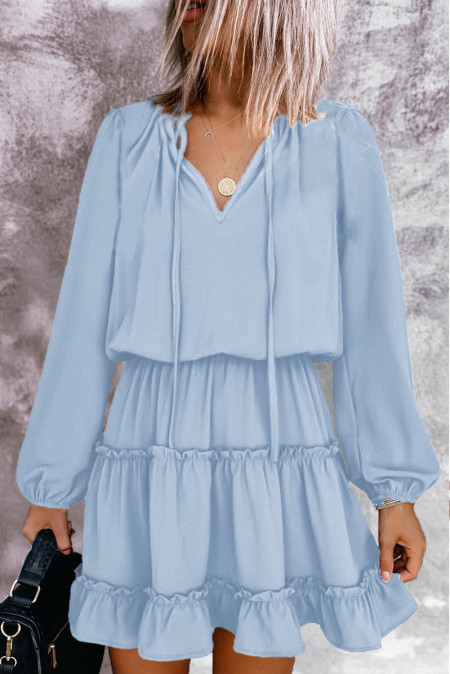 US$8.9 Light Blue V Neck Long Sleeve Ruffle Tiered Mini Dress Wholesale ...
