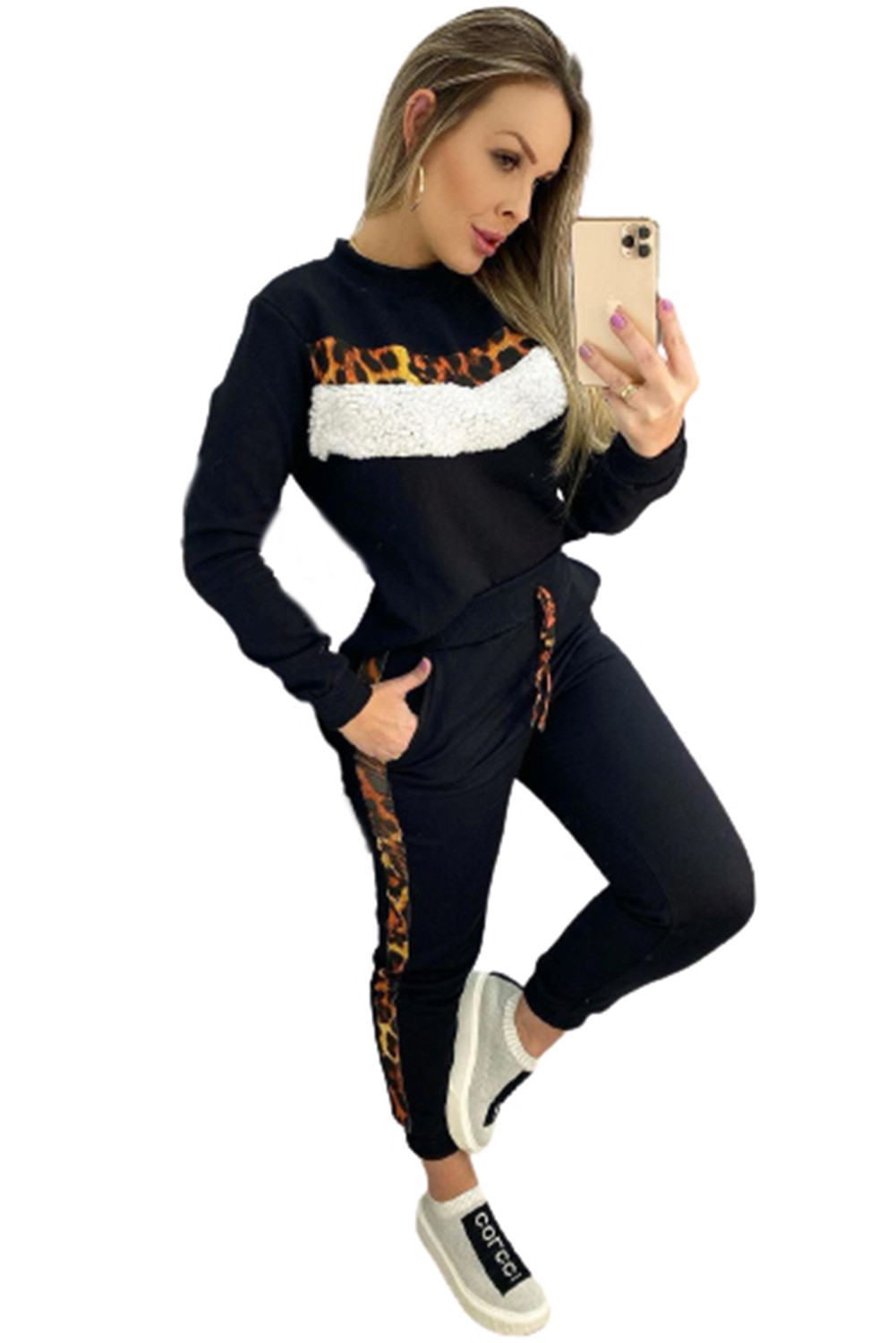 US$12.98 Black Leopard Print Patchwork Top and Pants Set Wholesale Online