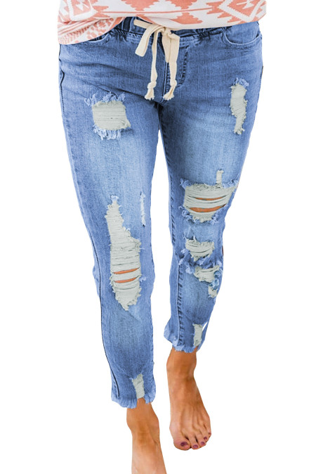 elastic waist ripped jeans