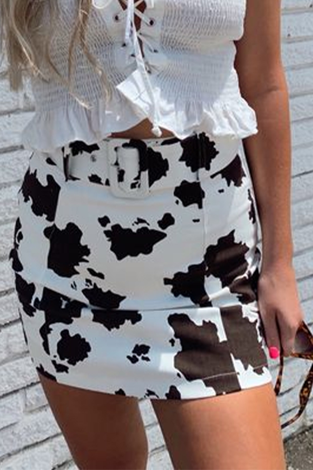 US$6.98 White Cow-Print Belted Bodycon Mini Skirt Wholesale Online