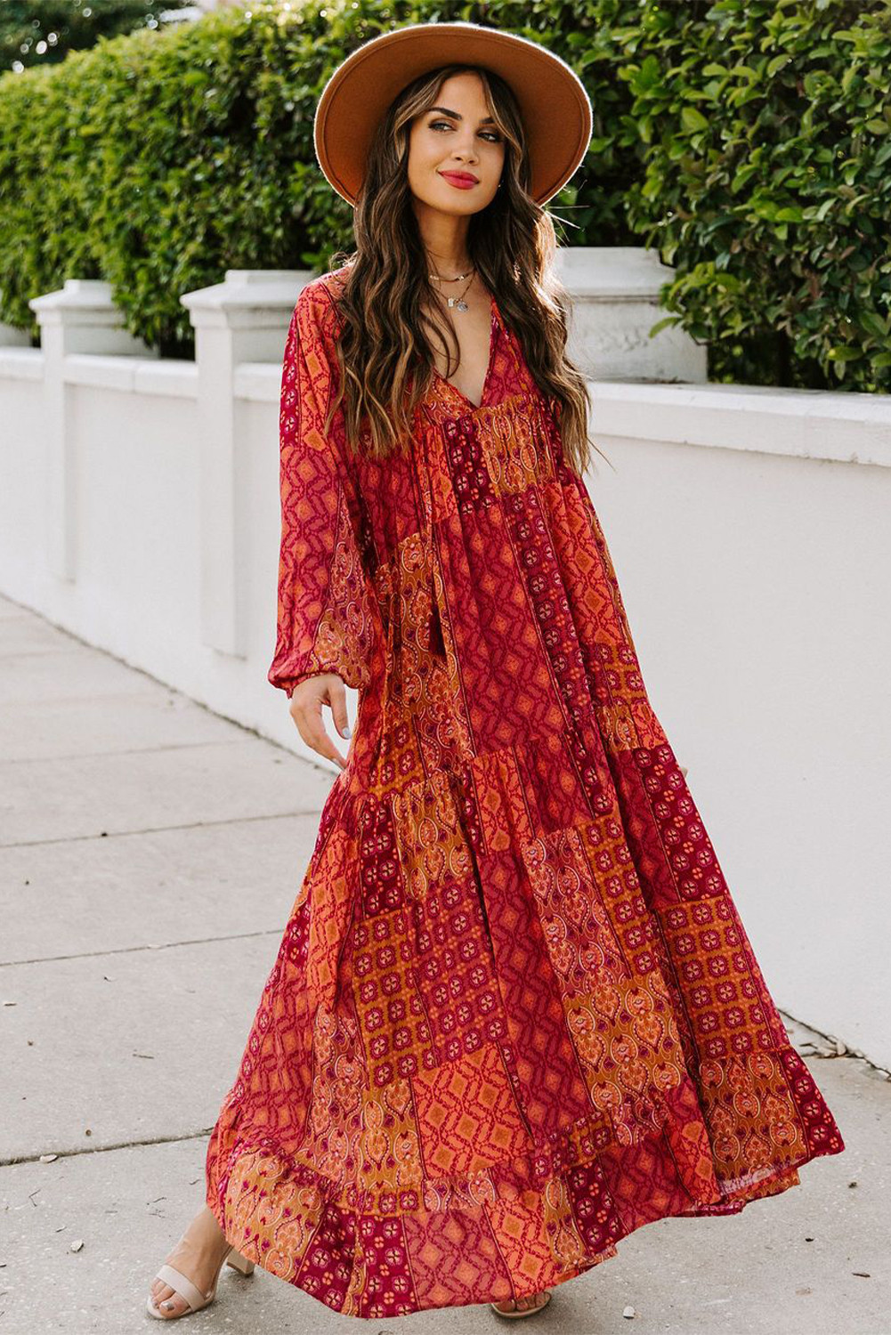 US$12.98 Red Lanter Sleeve Bohemian Printed Patchwork Tiered Maxi Dress ...