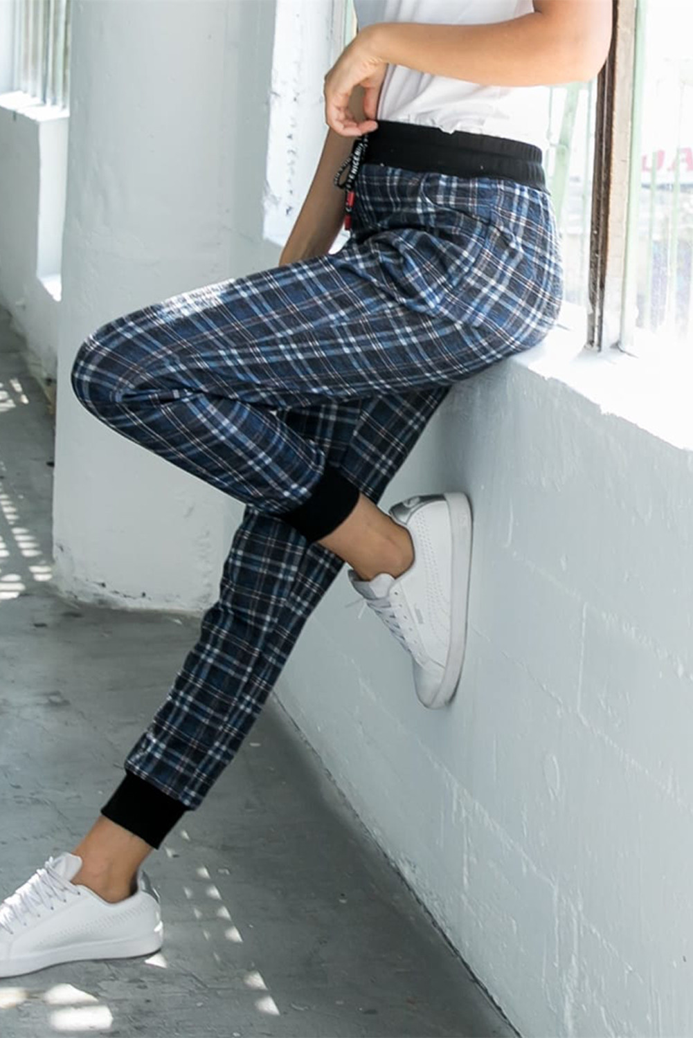 US$6.9 Blue High Waisted Drawstring Plaid Joggers with Pockets Wholesale - www.dear-lover.com