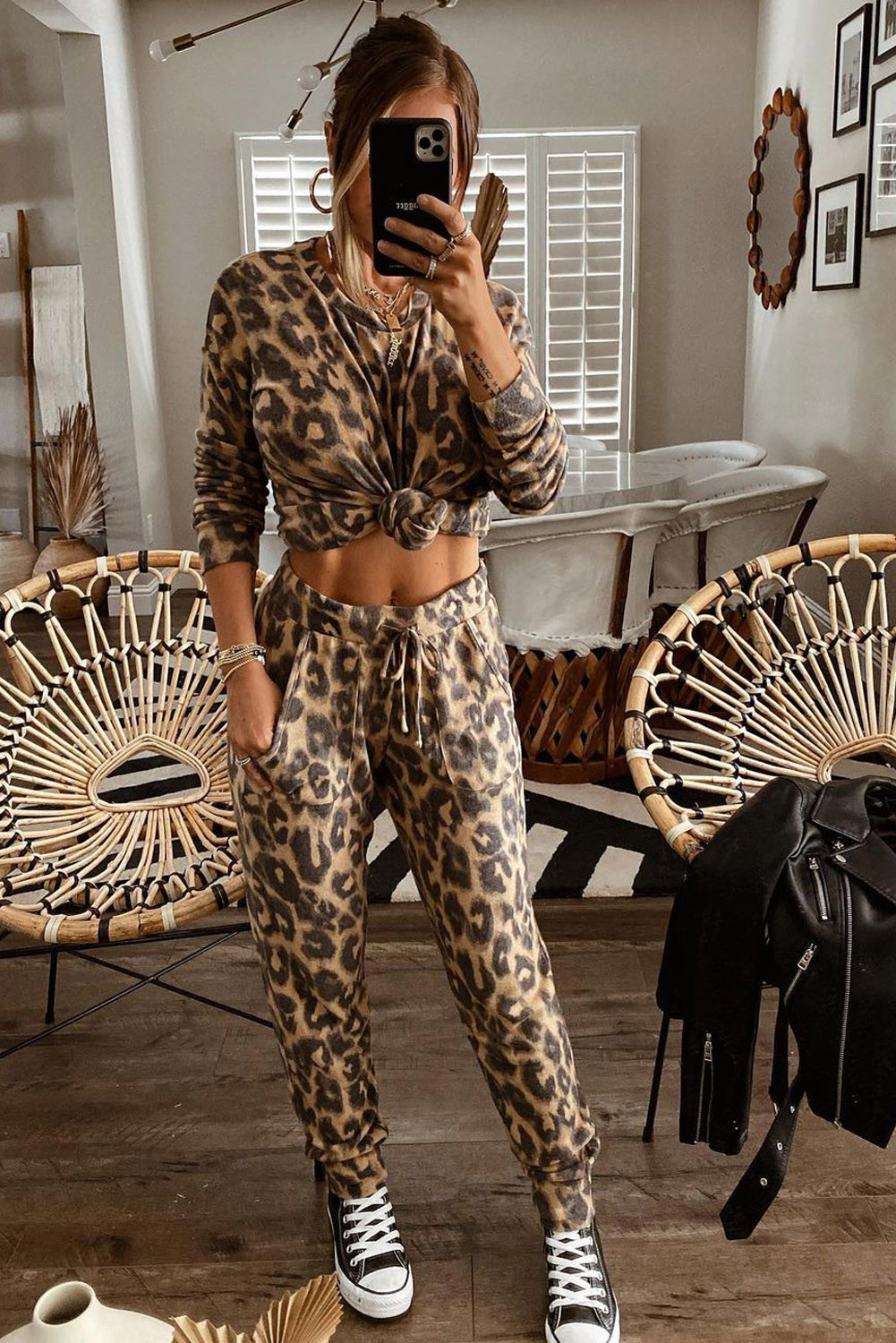 US$10.98 Leopard Print Long Sleeve Top and Drawstring Pants Set Wholesale Online