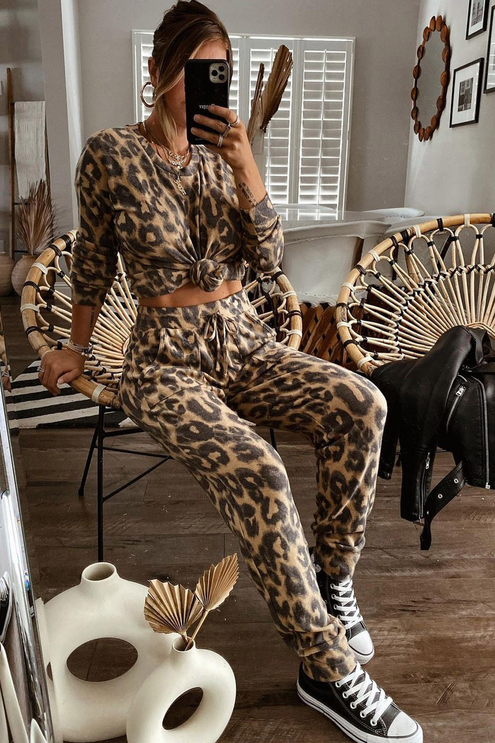 US$10.98 Leopard Print Long Sleeve Top and Drawstring Pants Set Wholesale Online