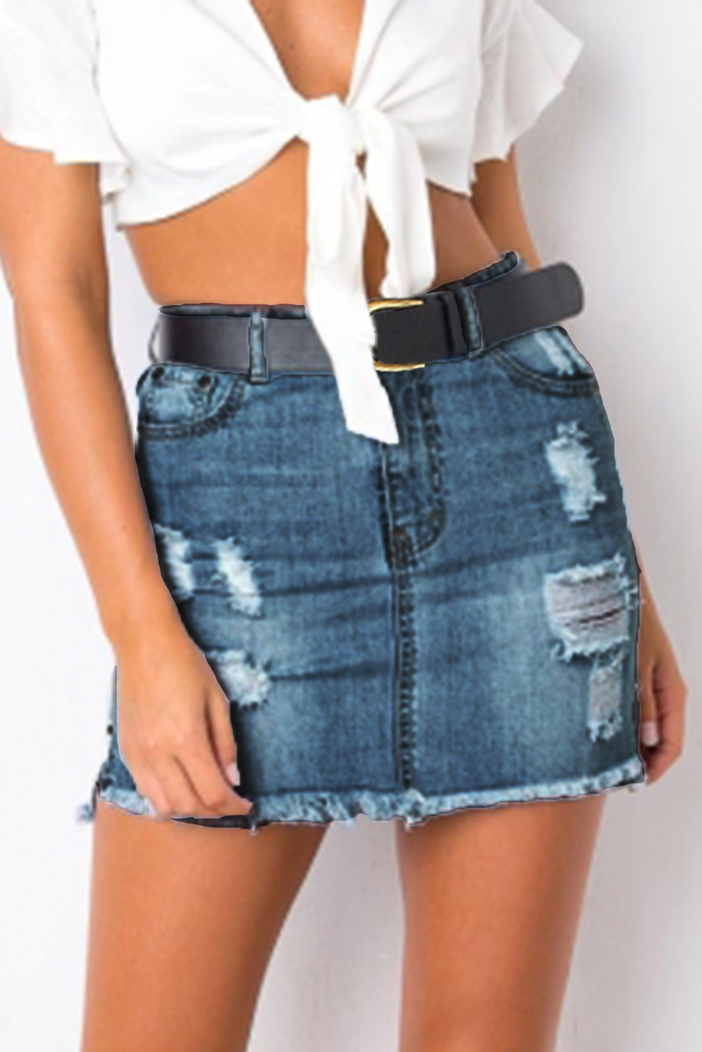 Dark blue outlet distressed denim skirt