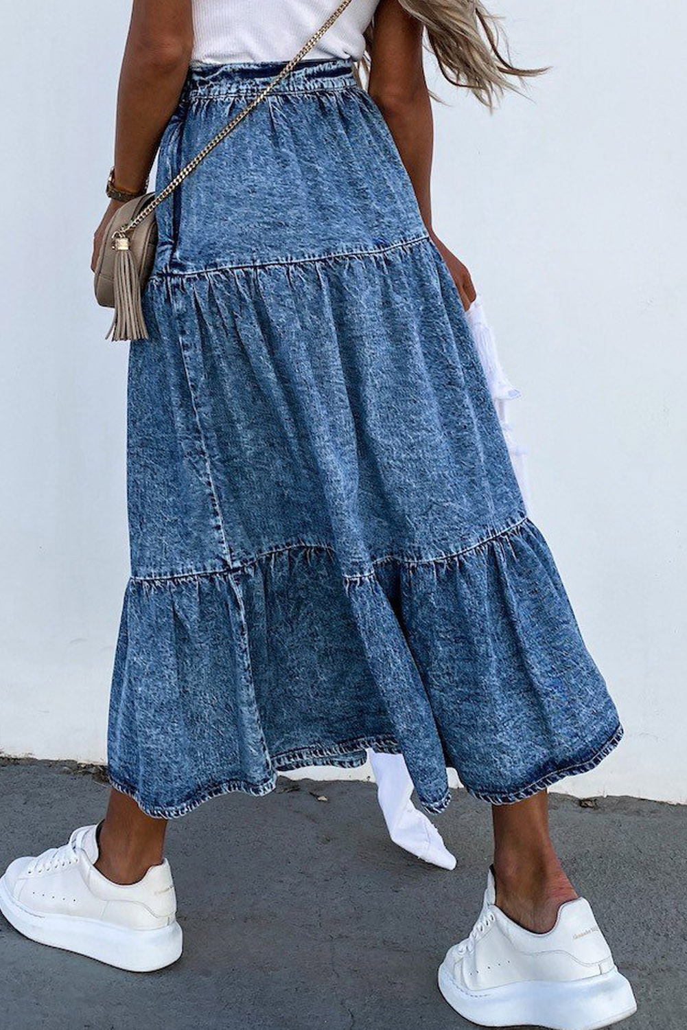 US$8.98 Blue Elastic Waist Denim Skirt with Pocket Wholesale Online