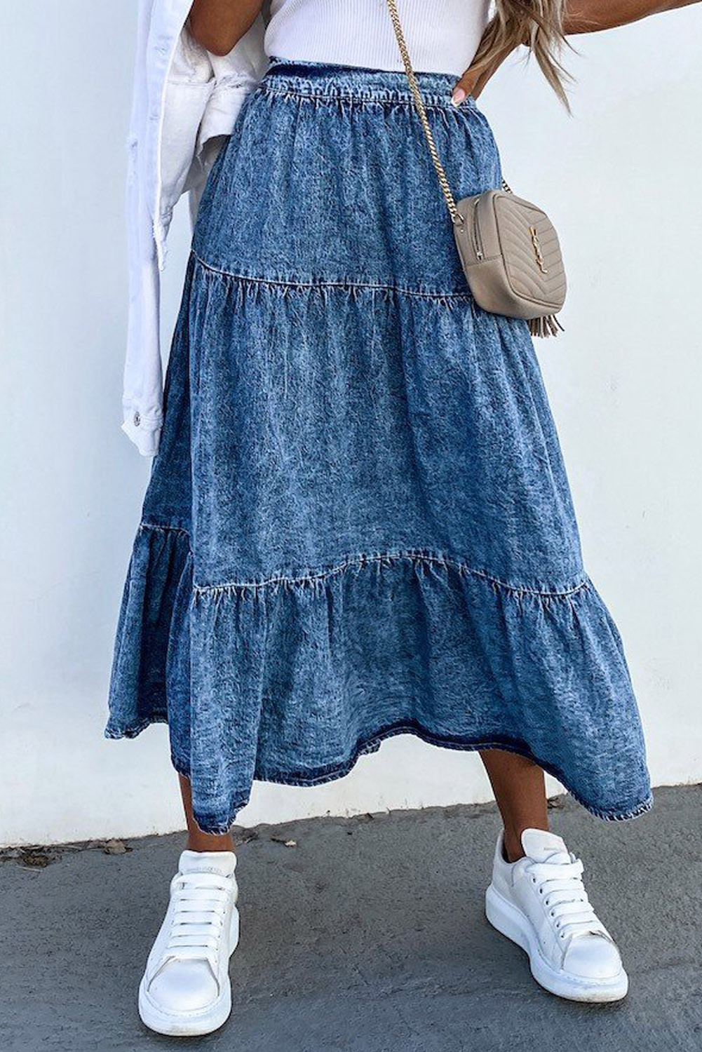 US8.98 Blue Elastic Waist Denim Skirt with Pocket Wholesale Online