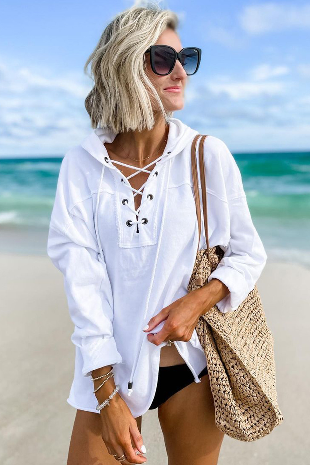 white lace up hoodie