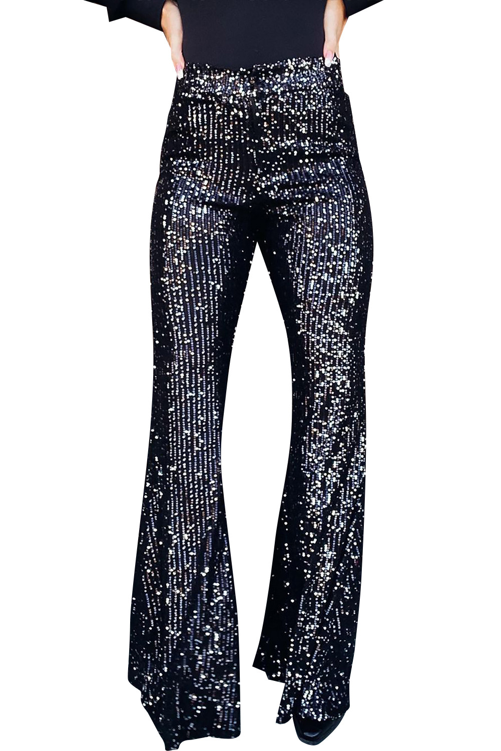 US$15.98 Black Sequin Full Length Flare Pants Wholesale Online