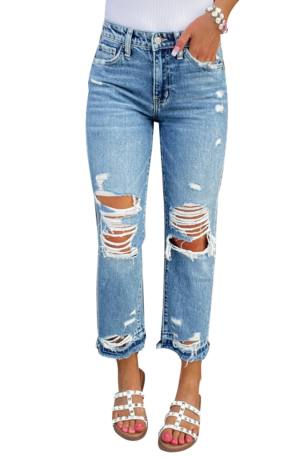 US$10.98 Sky Blue Raw Hem Ripped Ankle Jeans with Pockets Wholesale Online