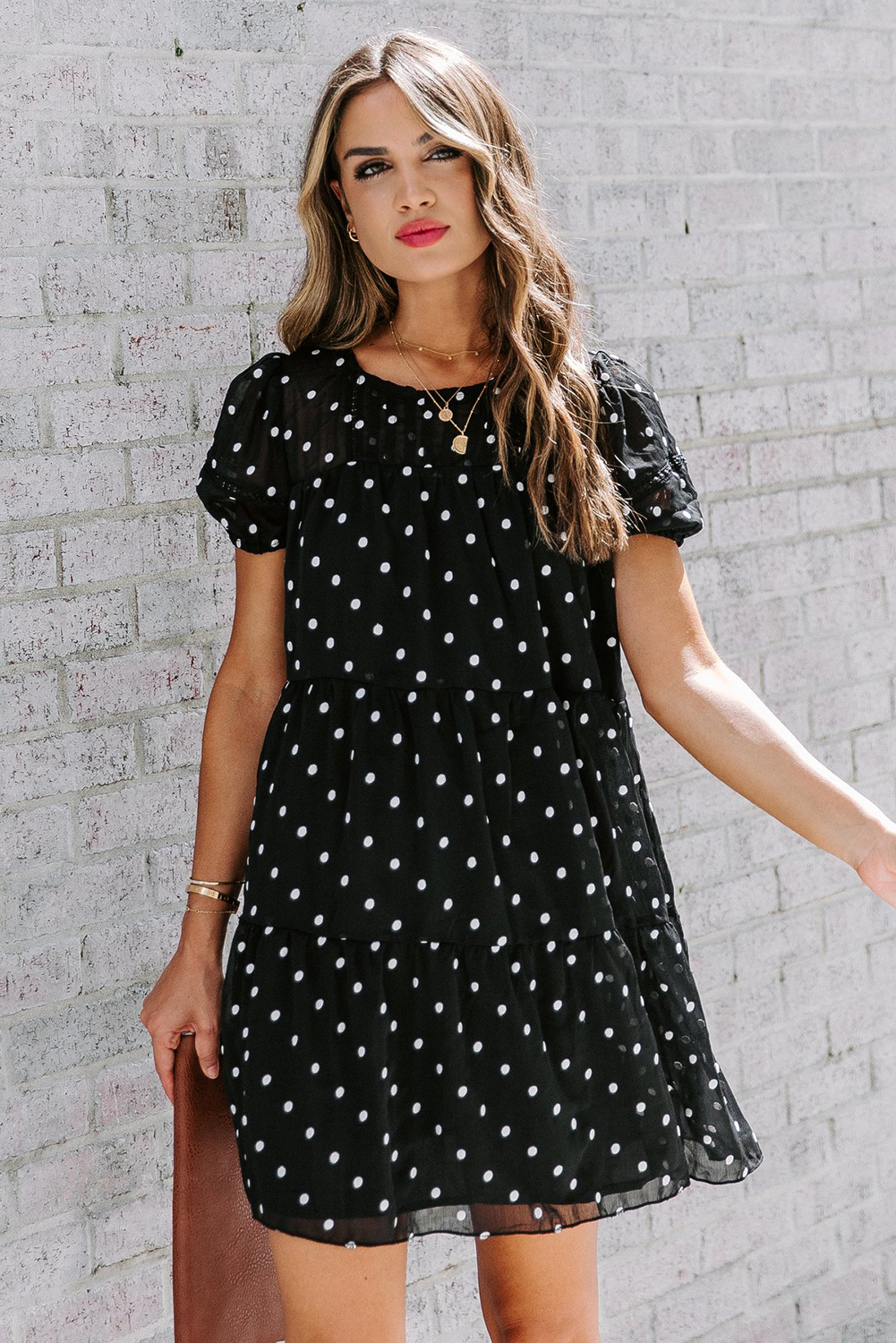 Black Polka Dot Tiered Swing Mini Dress - (US 8-10)M