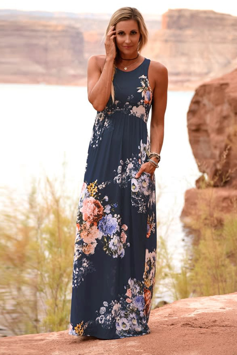 Navy Floral High Waist Maxi Dress - (US 4-6)S