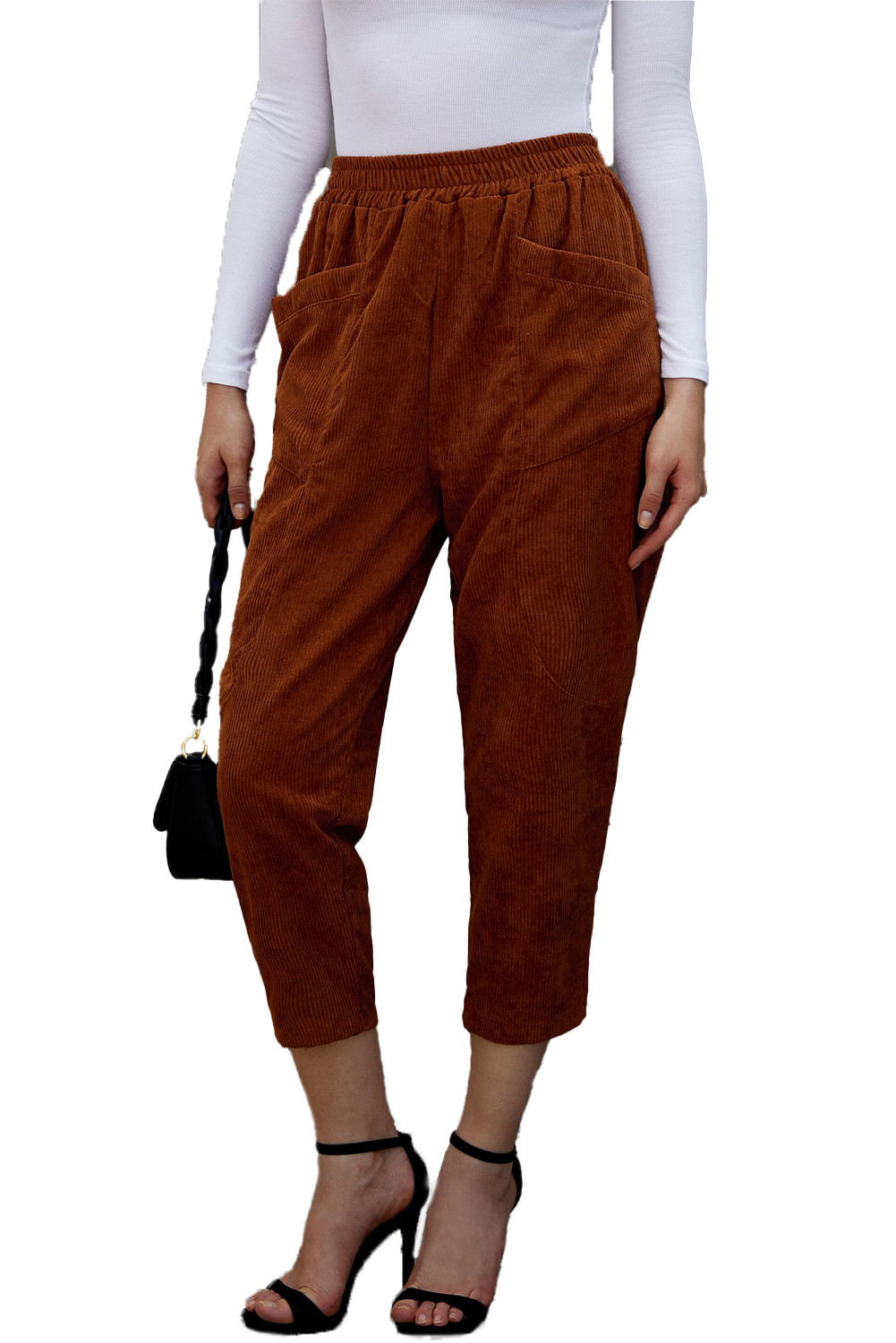 US$9.35 Brown High Waist Corduroy Cropped Pants with Pocket Wholesale 