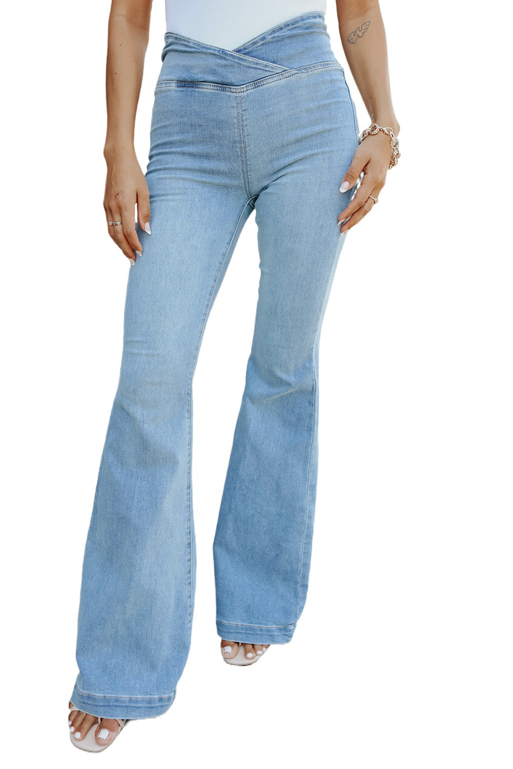 US$10.98 Sky Blue High Waist Flared Jeans Wholesale - www.dear-lover.com