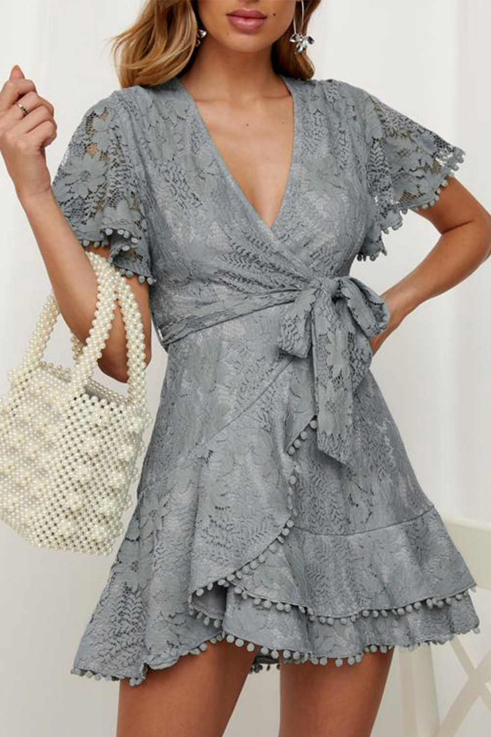 Gray Flutter Sleeve Wrap V Neck Floral Lace Short Dress - (US 4-6)S