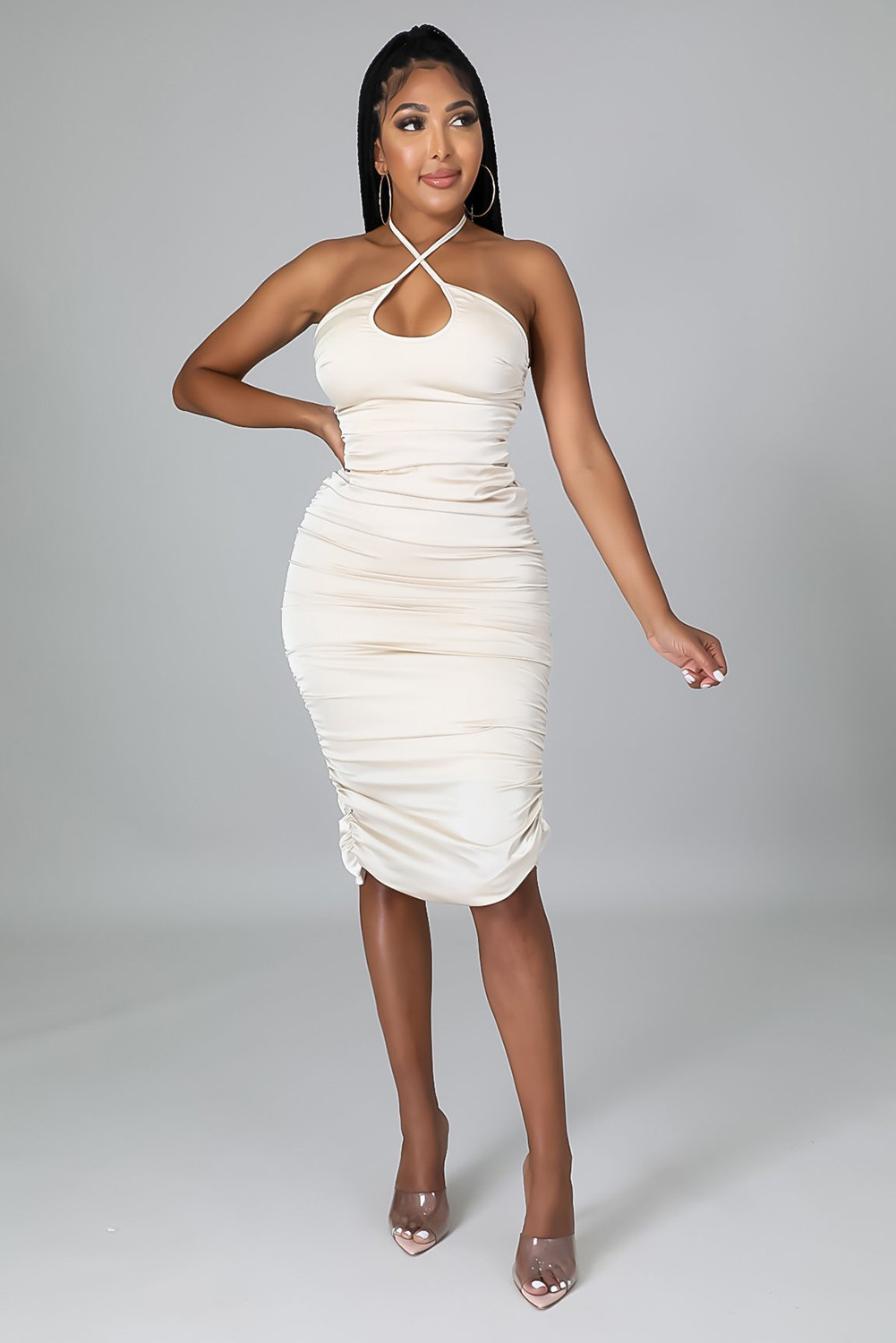 US$7.98 White Shirred Halter Neck Bodycon Midi Dress Wholesale - www.dear-lover.com