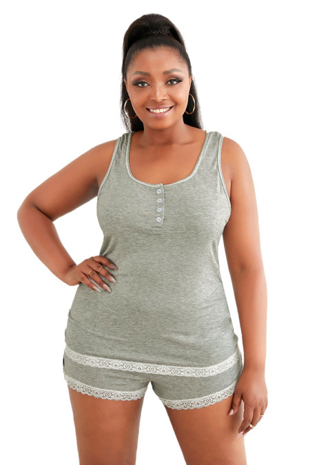 US$6.4 Gray Scoop Neck Cami Shorts Plus Size PJ Set Wholesale - www.dear-lover.com