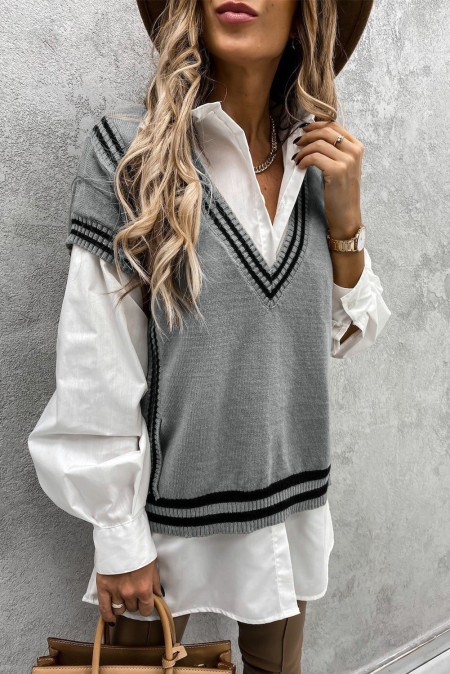 US$7.3 Gray V Neck Contrast Stripes Trims Short Sleeve Sweater ...