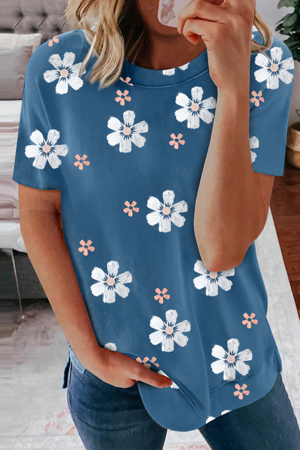 US$5.2 Blue Floral Pattern T-shirt Wholesale - www.dear-lover.com