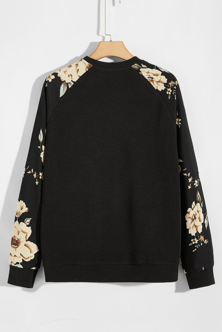 US$9.85 Black Floral Print Crew Neck Men's Pullover Sweatshirt ...