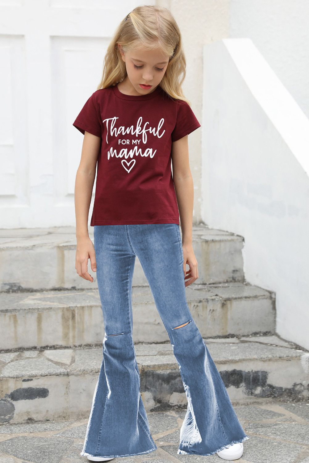 US$7.2 Sky Blue Little Girls' Distressed Bell Bottom Jeans Wholesale - www.dear-lover.com