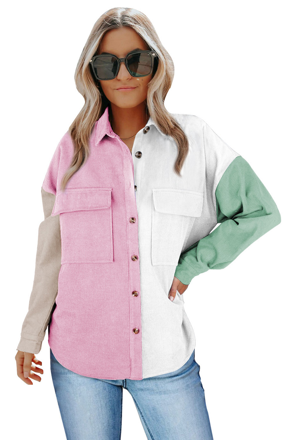 pink color block shirt