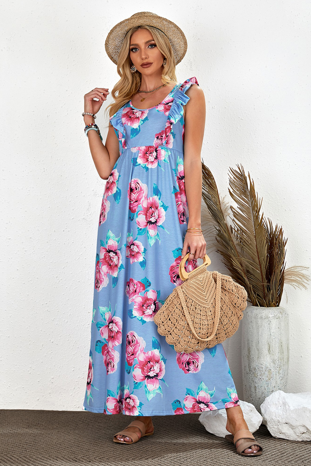 Ruffle Sleeveless High Waist Floral Maxi Dress - (US 12-14)L