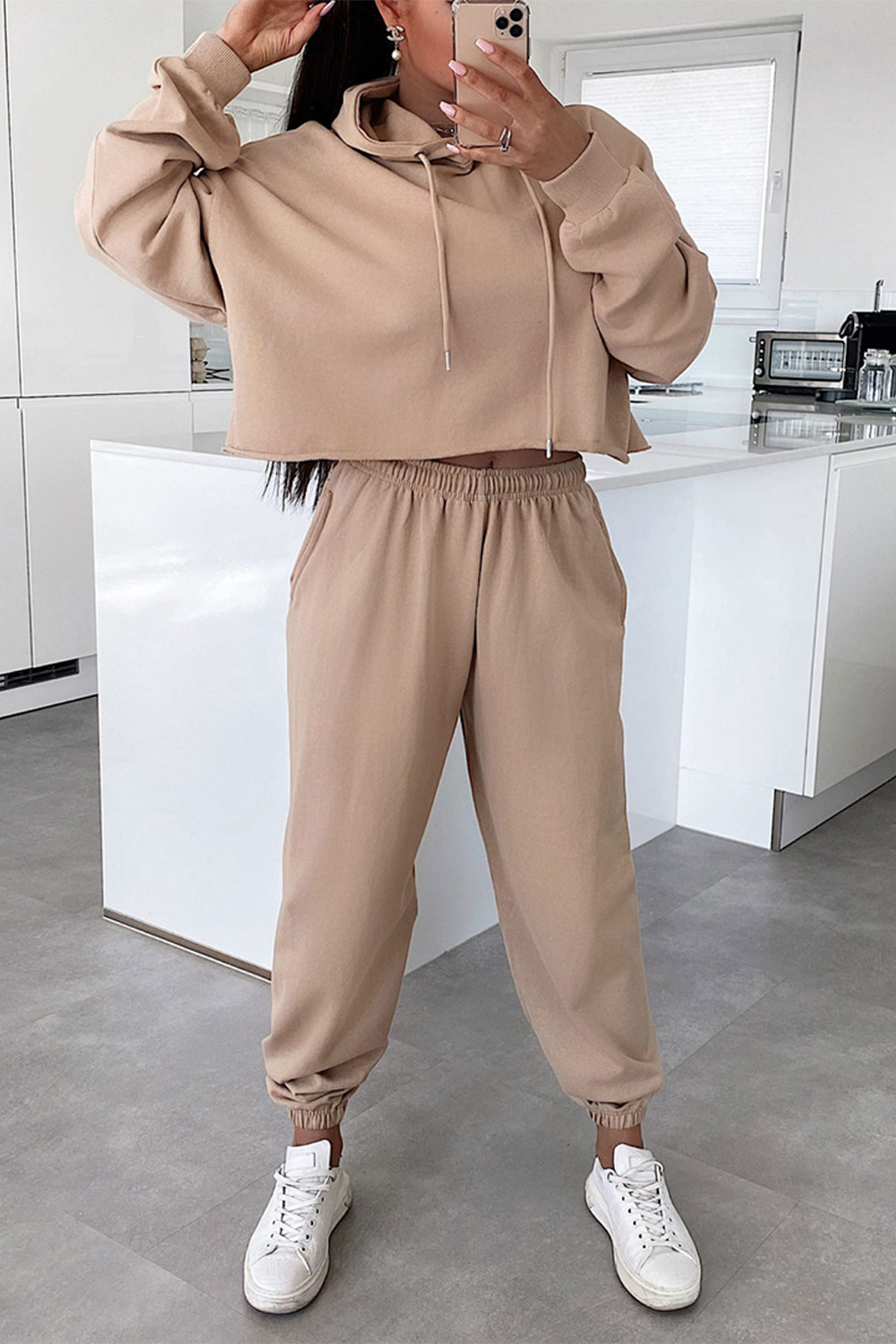 US$12.98 Khaki Hooded Top Wide Leg Joggers Pants Set Wholesale - www.dear-lover.com